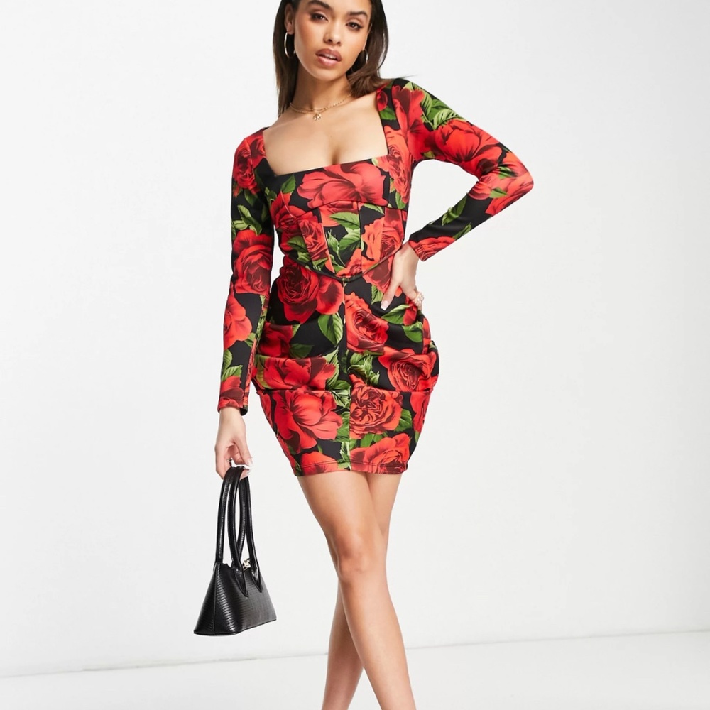 ASOS DESIGN square neck corset long sleeve side ruched mini dress in red floral